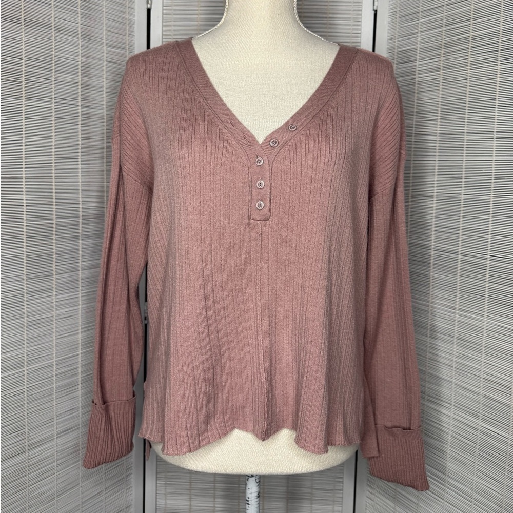 Anthropologie Daily Practice Ribbed Long Sleeve Mauve Button Cuff Top Size S